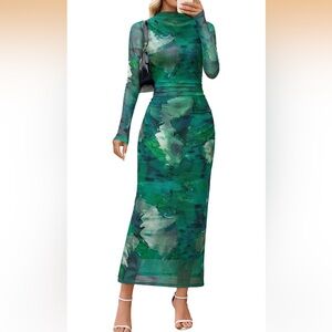 MEROKEETY Women's Long Sleeve Fall Wedding Guest Dress Bodycon Floral Mesh